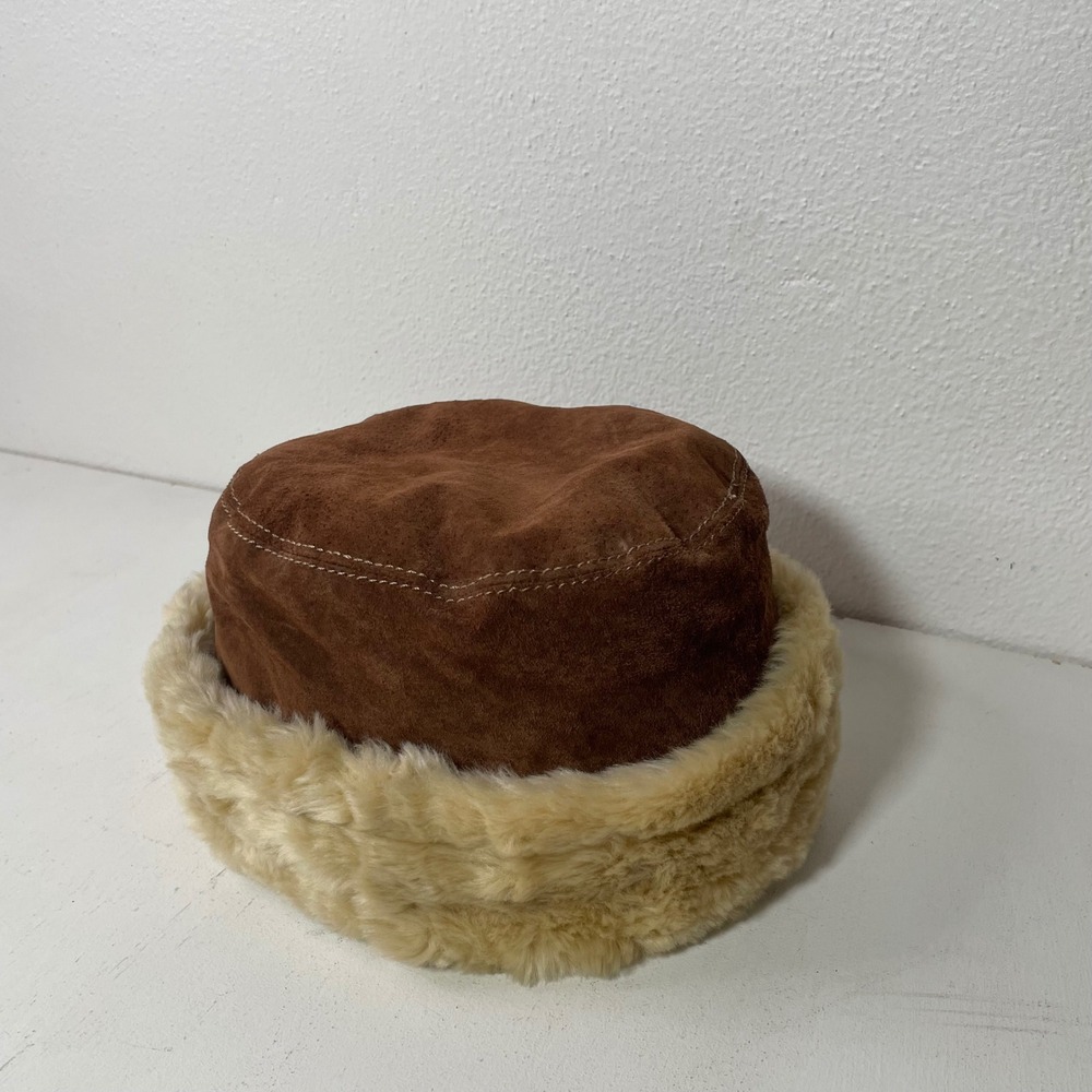 Wilsons Leather Brown Suede Bucket Hat Winter Cloche L/XL Faux Fur Trim